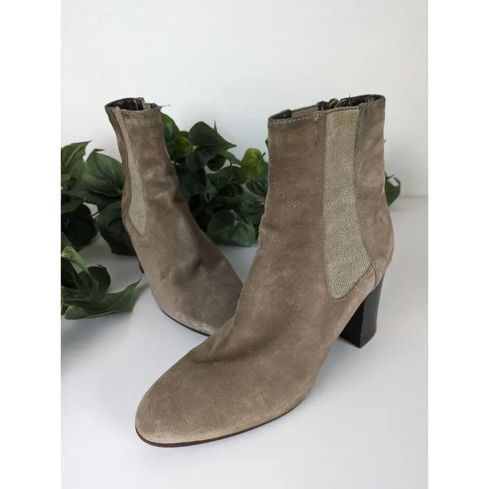Aquatalia Boots Frida Ankle Boots Suede Chelsea Taupe Ban Block Heel Size 8